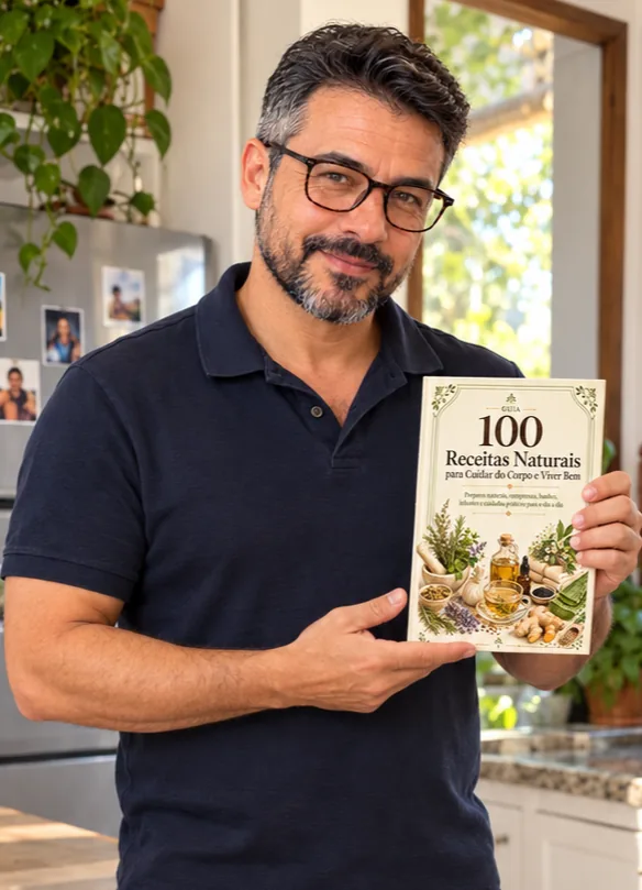 Rafael Moreno segurando o guia 100 Receitas Naturais